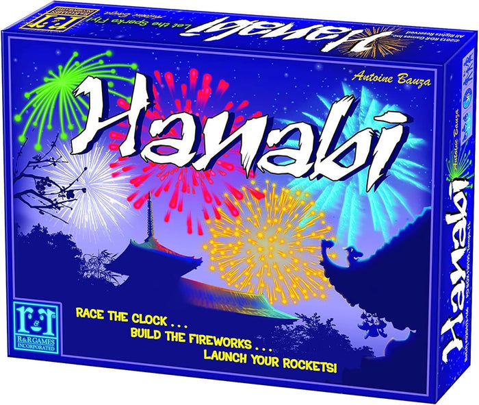 Blue box featuring vibrant firework bursts, silhouetted Japanese architecture, and large white stylized text.