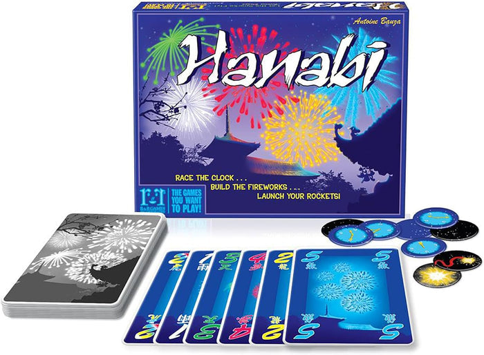 Blue box with fireworks and a temple silhouette, shown with game cards and round blue tokens on a white surface.