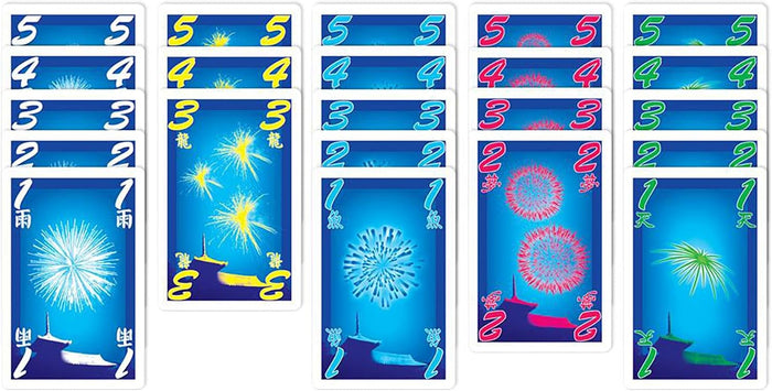 Five columns of numbered blue cards featuring colorful firework illustrations in white, yellow, blue, red, and green.