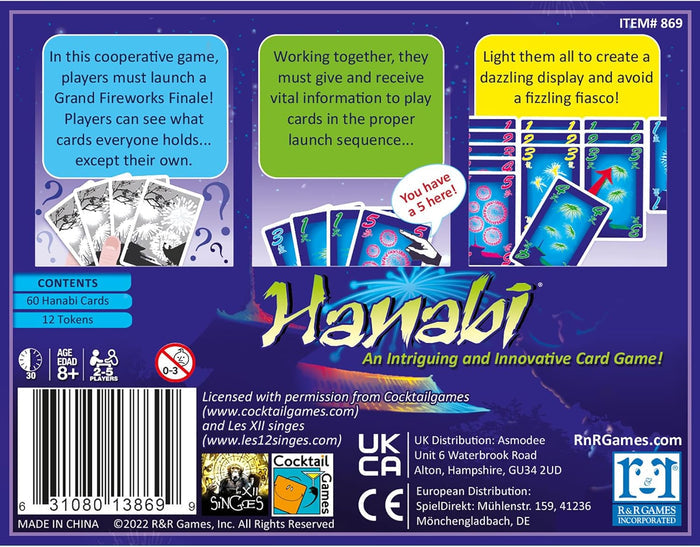 Purple box back with firework-themed card illustrations, gameplay descriptions, and player age and count icons.