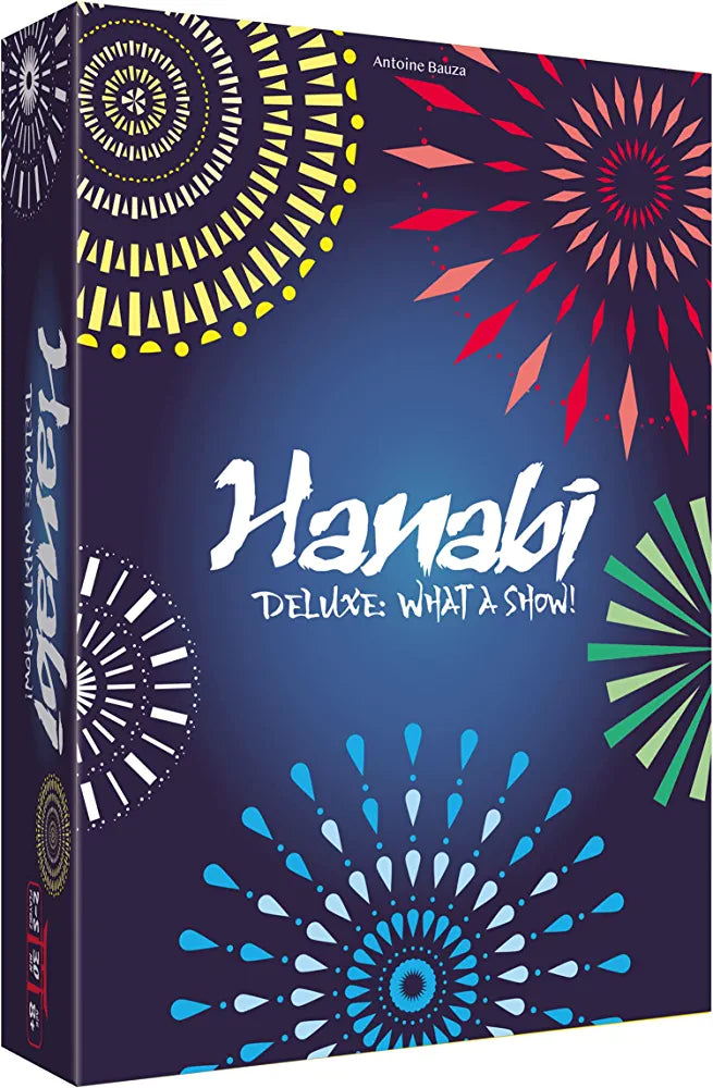 Dark blue game box with white calligraphy text and colorful, stylized firework bursts in red, yellow, blue, and green.