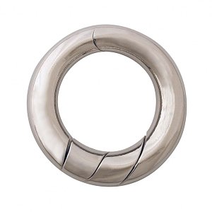 Silver metallic ring-shaped puzzle with a thick polished band and slanted interlocking segment lines.