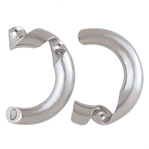 Two silver metallic C-shaped puzzle pieces with twisted ends and a smooth, reflective finish.