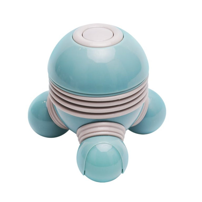 Light blue three-legged massager with grey ribbed accents, a rounded top button, and glossy spherical feet.