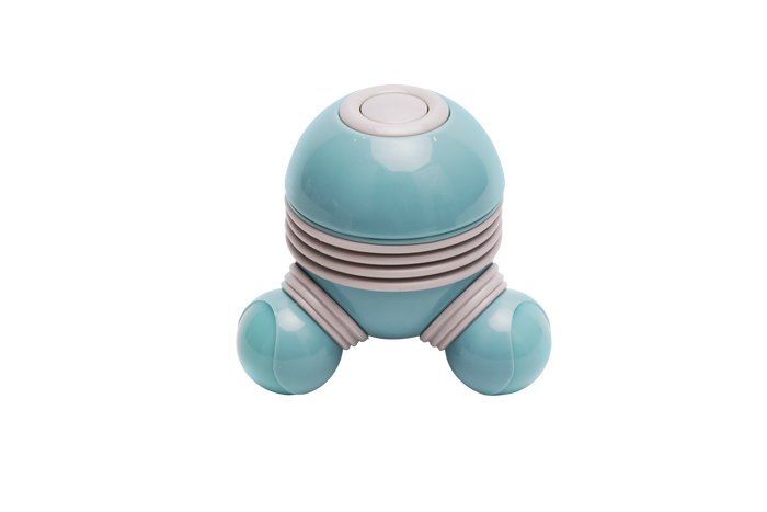 Teal and grey handheld massager with a rounded dome handle, top button, and three spherical massage nodes on the base.