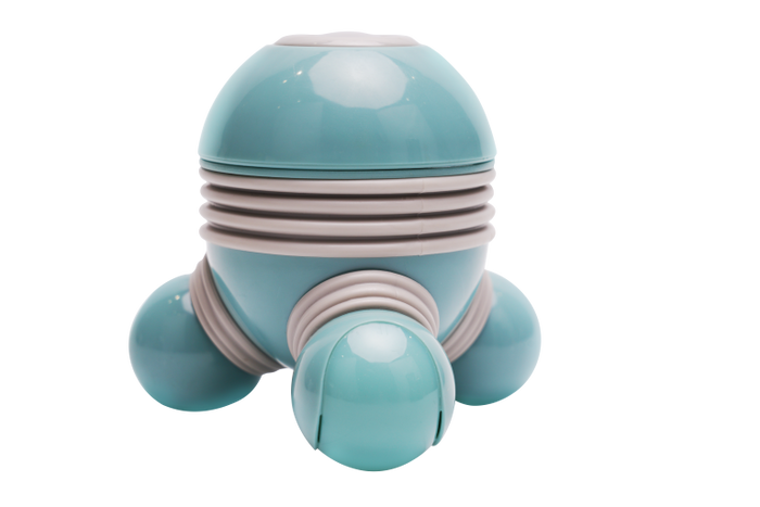 Teal and gray tripod-shaped massager with a rounded top and three spherical legs with ridged bands.