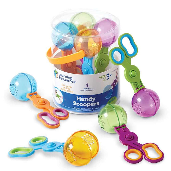 Four colorful scissor-action toy scoopers with round perforated heads, shown with their clear plastic storage container.