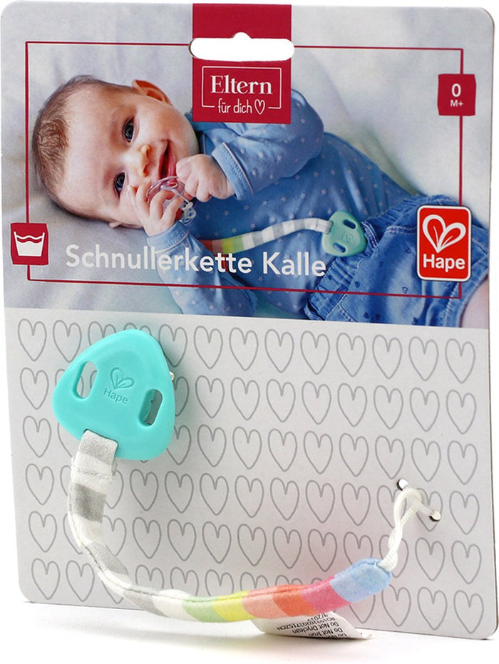 Teal clip pacifier chain with a gray and rainbow striped fabric strap, displayed on packaging featuring a baby.