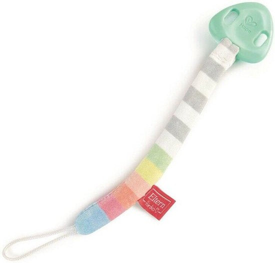 Pastel rainbow striped fabric pacifier strap with a mint green plastic clip and a white cord loop.