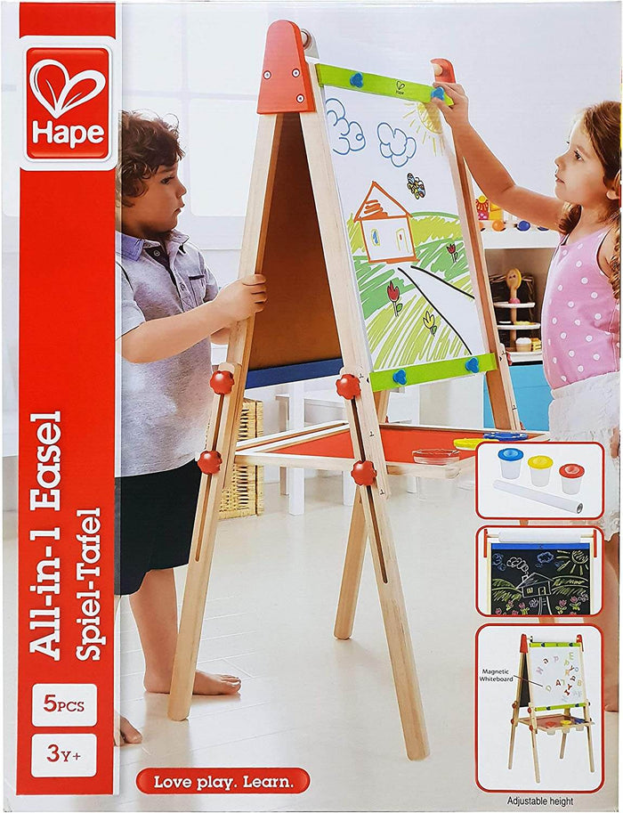 Hape packaging showing kids using a wooden A-frame easel with an adjustable whiteboard, chalkboard, and red knobs.