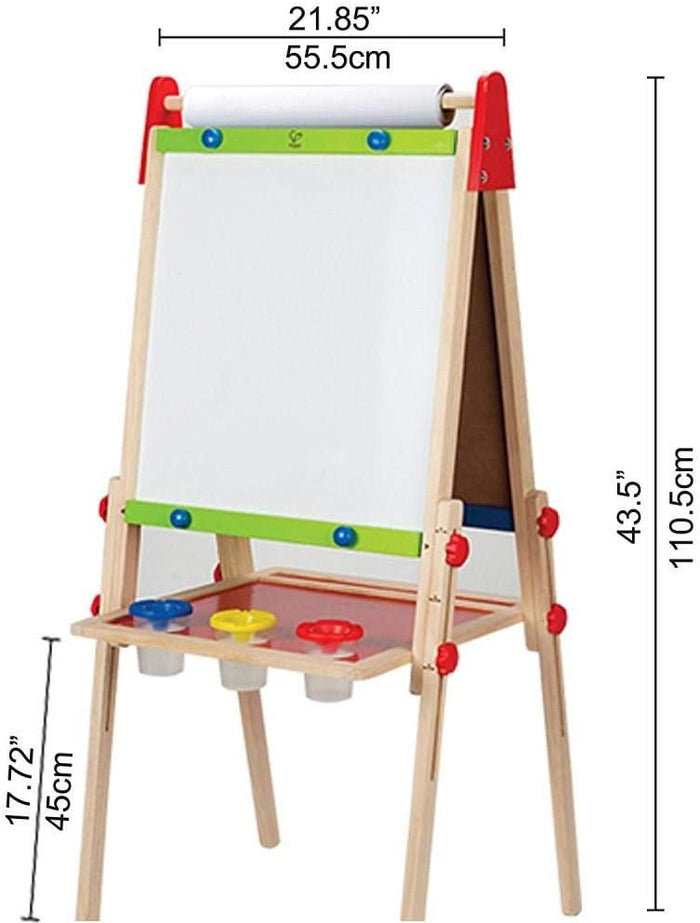 Height-adjustable wooden easel with a whiteboard, top paper roll, and tray with three colorful paint cups.