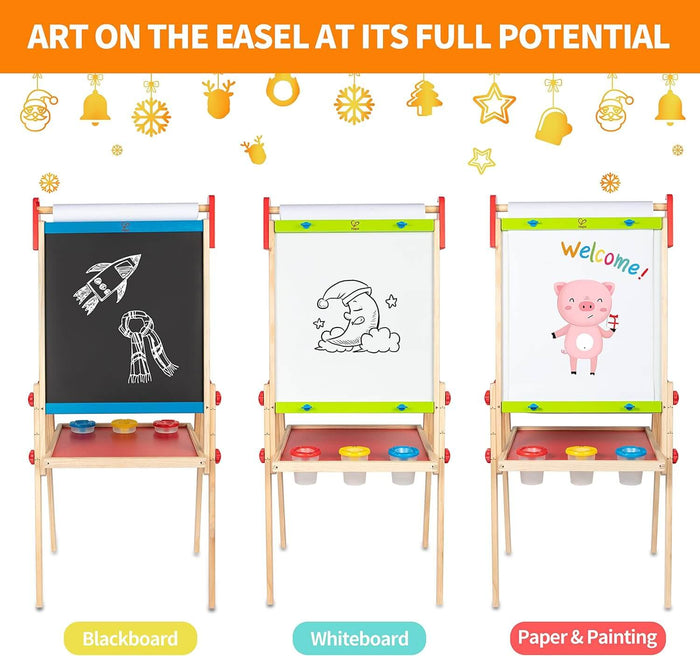 Wooden kids' easel shown in blackboard, whiteboard, and paper roll modes with red trays and colorful paint cups.