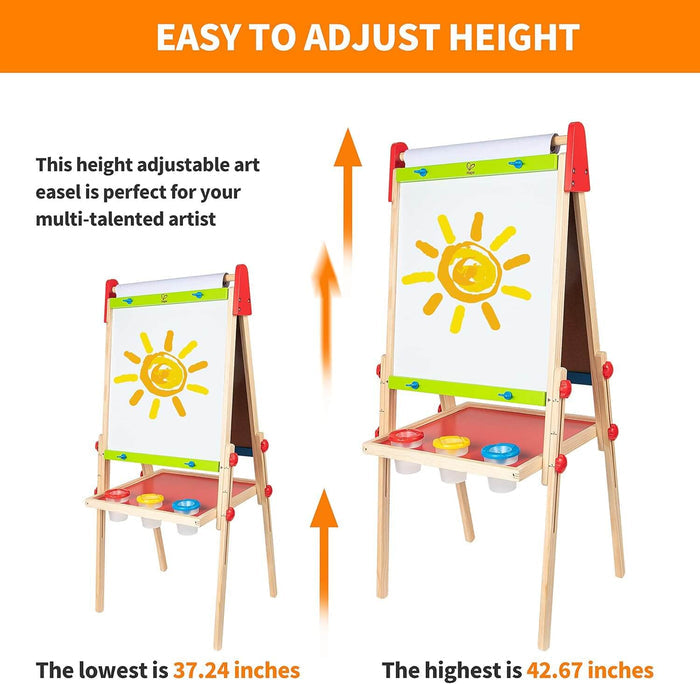 Height-adjustable wooden easel shown at 37.24 and 42.67 inches, with whiteboard, paper roll, and paint cup tray.