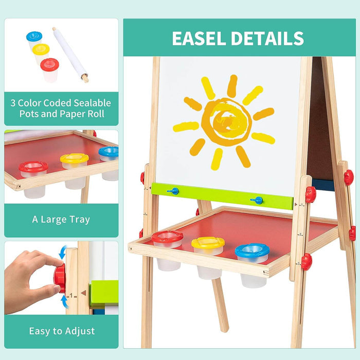 Hape wooden easel featuring adjustable height, a red tray with three paint pots, and a paper roll for drawing.