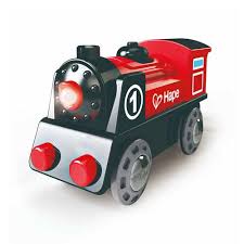 Red and black toy train engine with a number 1 on the side, glowing front light, and grey wheels.