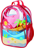Clear backpack with red trim and a beach scene illustration, filled with colorful pink, yellow, and blue sand toys.