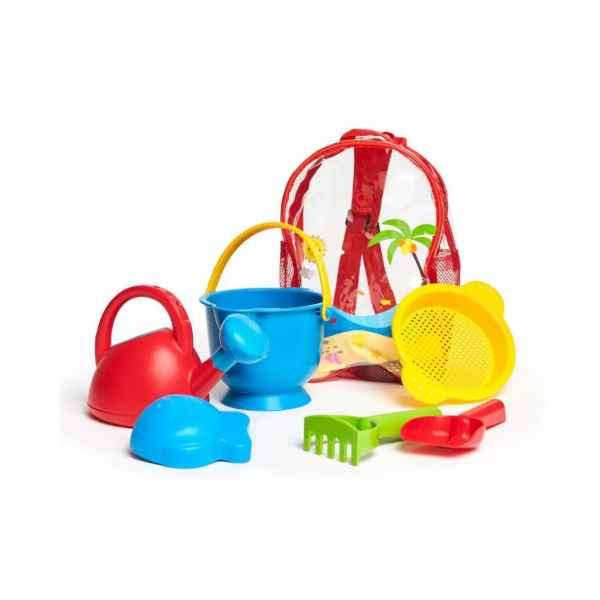 Bright beach toy set with a blue bucket, red watering can, and tools in a clear plastic backpack with red trim.