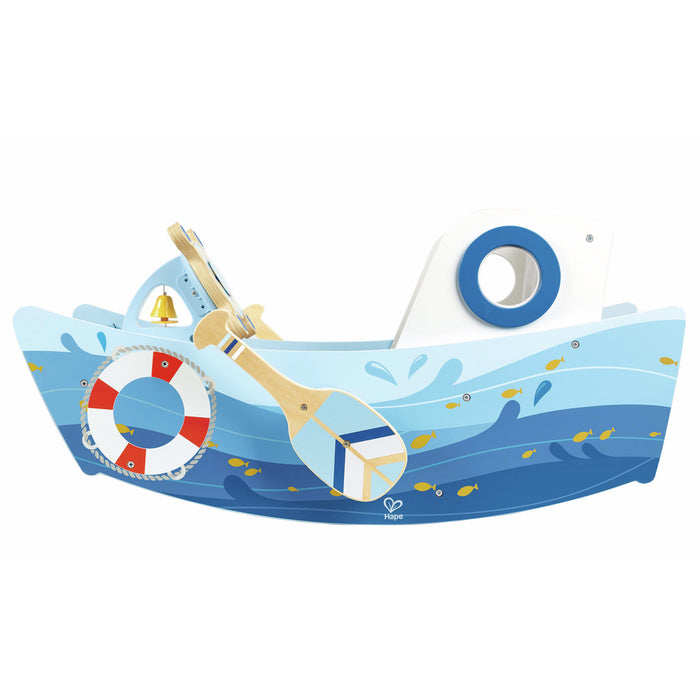 Blue wooden rocking boat toy with wave patterns, a red lifebuoy, a yellow bell, a porthole, and a wooden oar.