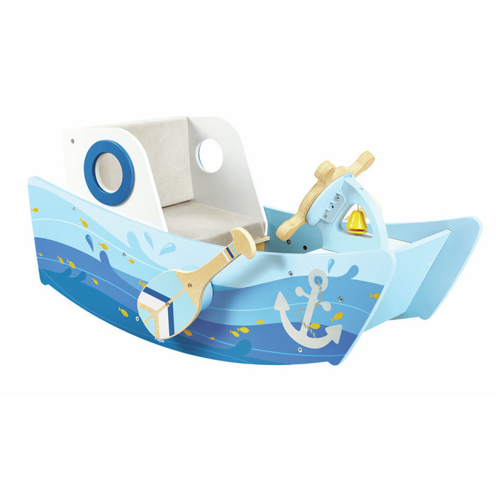 Blue wooden rocking boat with wave graphics, an anchor, steering wheel, bell, oar, and cushioned seat.