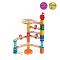Multi-colored wooden marble run with curved tracks, bells, and a red flag funnel topper.