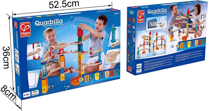 Blue packaging for a wooden marble run set with colorful towers and tracks. Dimensions: 52.5cm by 36cm by 8cm.
