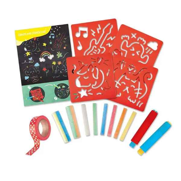 Four red stencils with animal and music shapes, eight colorful chalk sticks, two holders, and red polka-dot tape.