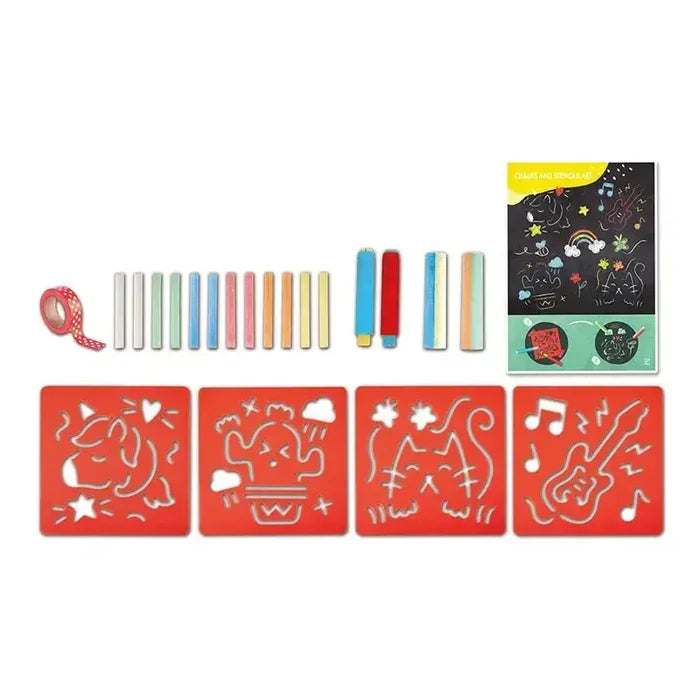 A chalk art set with 4 red stencils, 12 colorful chalks, chalk holders, patterned tape, and an idea booklet.