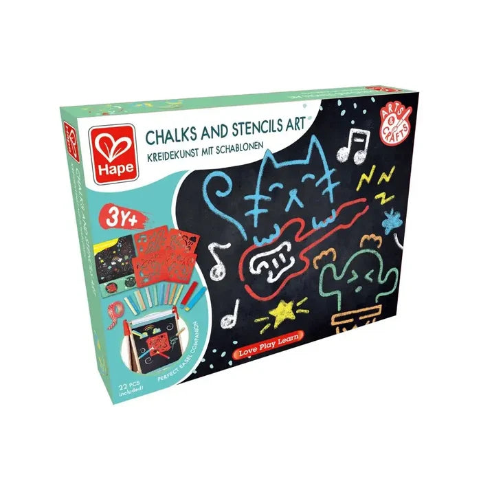Green Hape box showing colorful chalk drawings of a cat and cactus on black background, with chalk sticks and stencils.