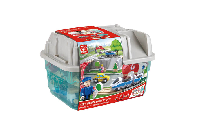 48-piece toy train set in a clear blue bucket with a grey lid ramp and a red label showing a train and taxi.