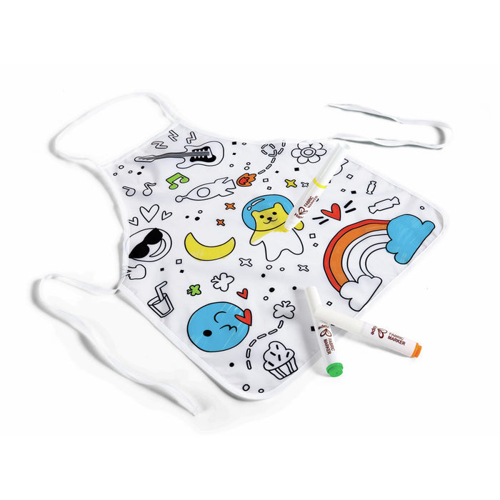 White fabric apron with black line art doodles and three fabric markers, with some sections already colored.
