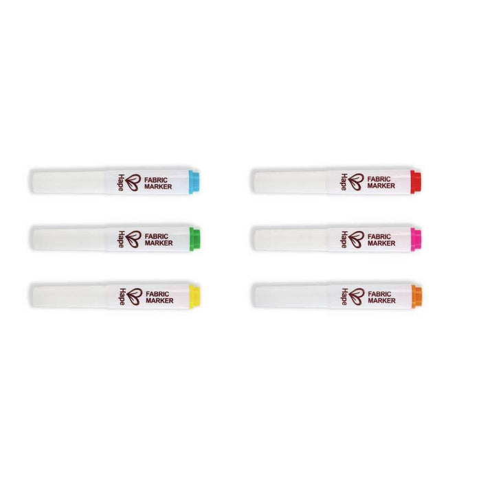 Six white Hape fabric markers with blue, green, yellow, red, pink, and orange colored caps.