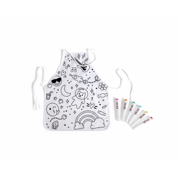White fabric apron with black outline illustrations like a rainbow and astronaut, plus seven colorful markers.