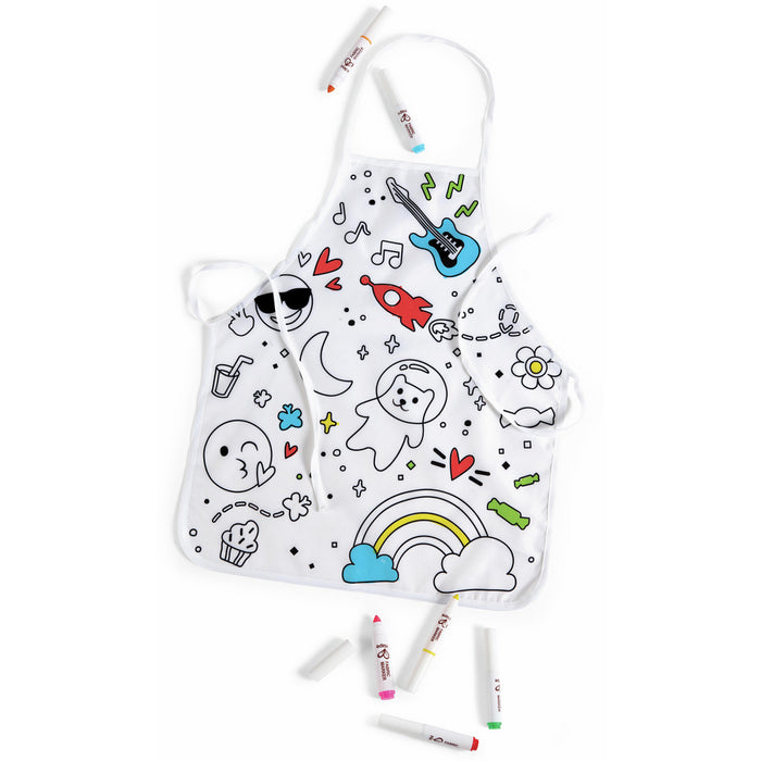 White apron with black line drawings of a guitar, rocket, and rainbow, partly colored in, with five fabric markers.
