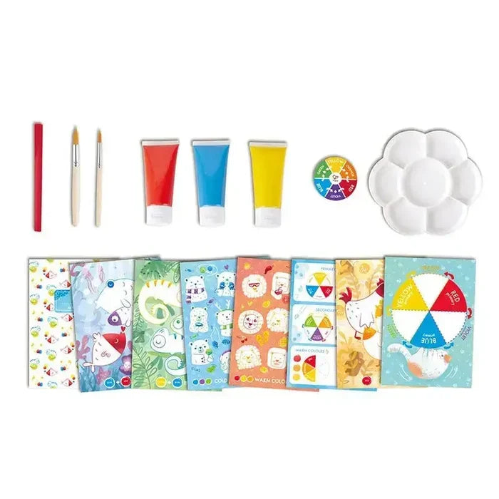Painting set with three tubes of primary colors, two brushes, a palette, a color wheel, and illustrated paper cards.