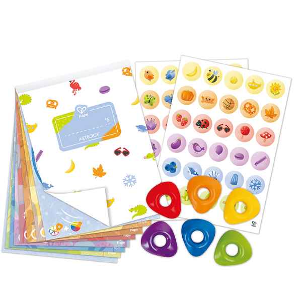 Hape Artbook kit with sticker sheets and six colorful triangular ring-shaped crayons.
