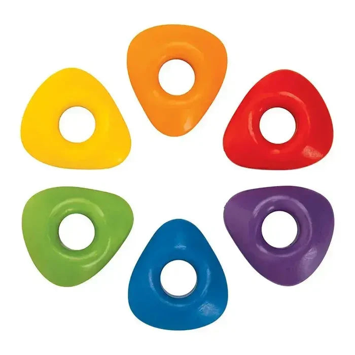 Six rounded triangular ring crayons in yellow, orange, red, purple, blue, and green, arranged in a circle.