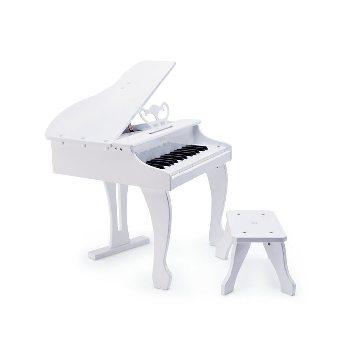 White toy grand piano with an open lid, music stand, and matching small wooden stool.