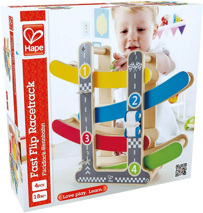 Retail box showing a toddler playing with a wooden racetrack featuring four tiered colorful ramps and small cars.