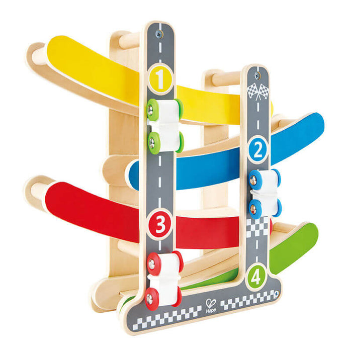 Wooden four-tier car ramp toy with colorful tracks and three small cars flipping down numbered supports.