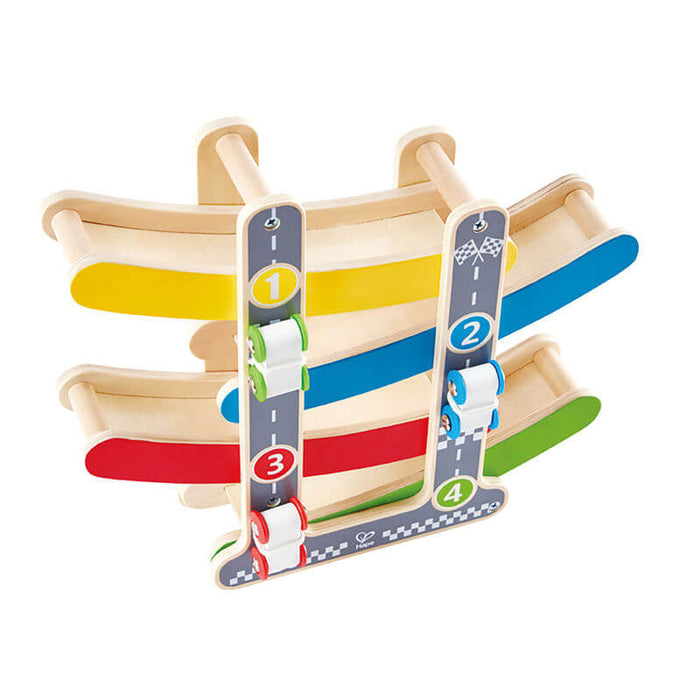 Four-tier wooden zig-zag racetrack with yellow, blue, red, and green ramps and three rolling toy cars.