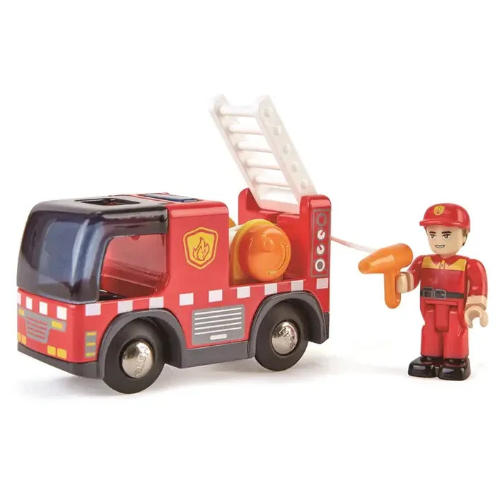 Red toy fire truck with an adjustable white ladder and a firefighter figure holding an orange nozzle.