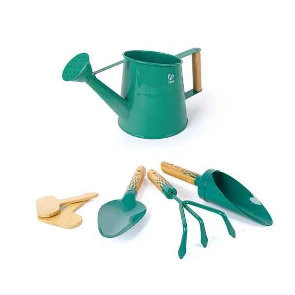 Teal green metal watering can, rake, shovel, scoop, and two wooden plant markers with light wood handles.