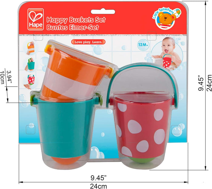 Three colorful bath buckets (orange, teal, and red polka dot) in 24cm square packaging with a baby bathtub photo.