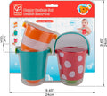 Three colorful bath buckets (orange, teal, and red polka dot) in 24cm square packaging with a baby bathtub photo.
