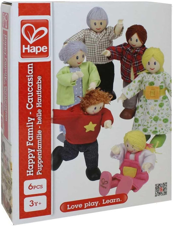 White and red Hape box showing six poseable Caucasian family dolls in colorful clothes, including a red star sweater.