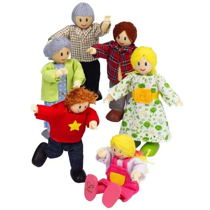Six wooden family dolls with yarn hair and fabric outfits: plaid shirts, a floral dress, and pink overalls.