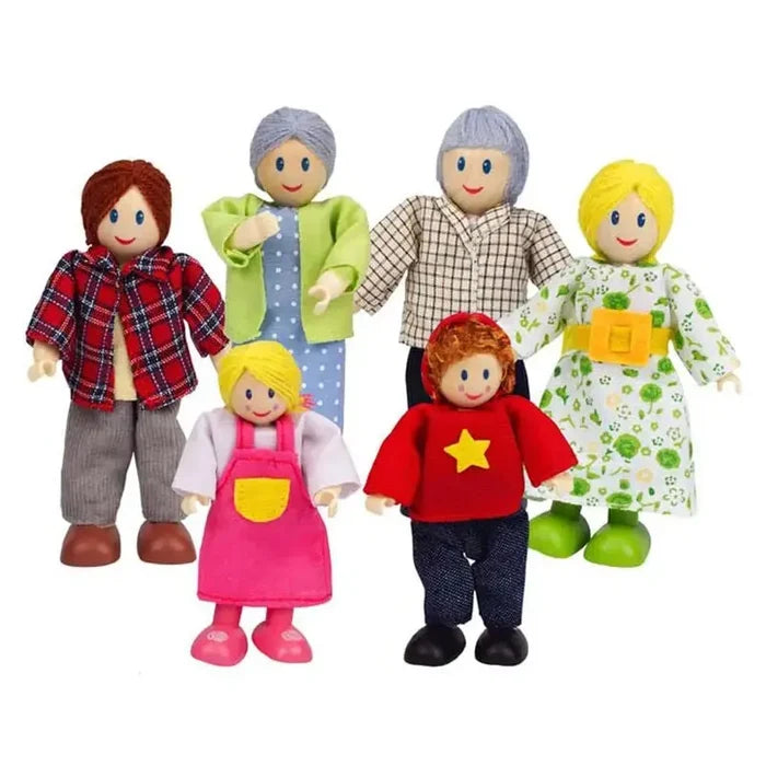 Six posable wooden dolls representing a multi-generational family in colorful, patterned fabric outfits.