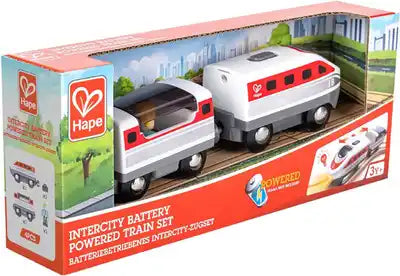 Red Hape box showing a white and red two-car battery-powered toy train with clear windows and grey accents.
