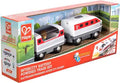 Red Hape box showing a white and red two-car battery-powered toy train with clear windows and grey accents.