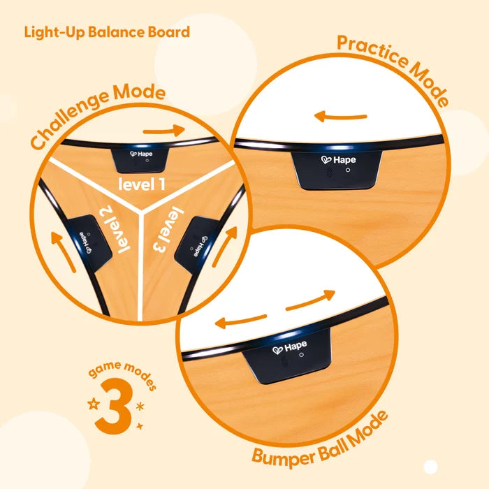 Graphic of a wooden balance board with light-up sensors detailing Challenge, Practice, and Bumper Ball modes.